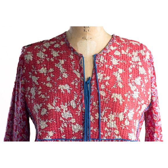 Indian Boho Block Print Hand Stitched Red Kantha Bodice Maxi Dress Sz Small - Picture 6 of 11